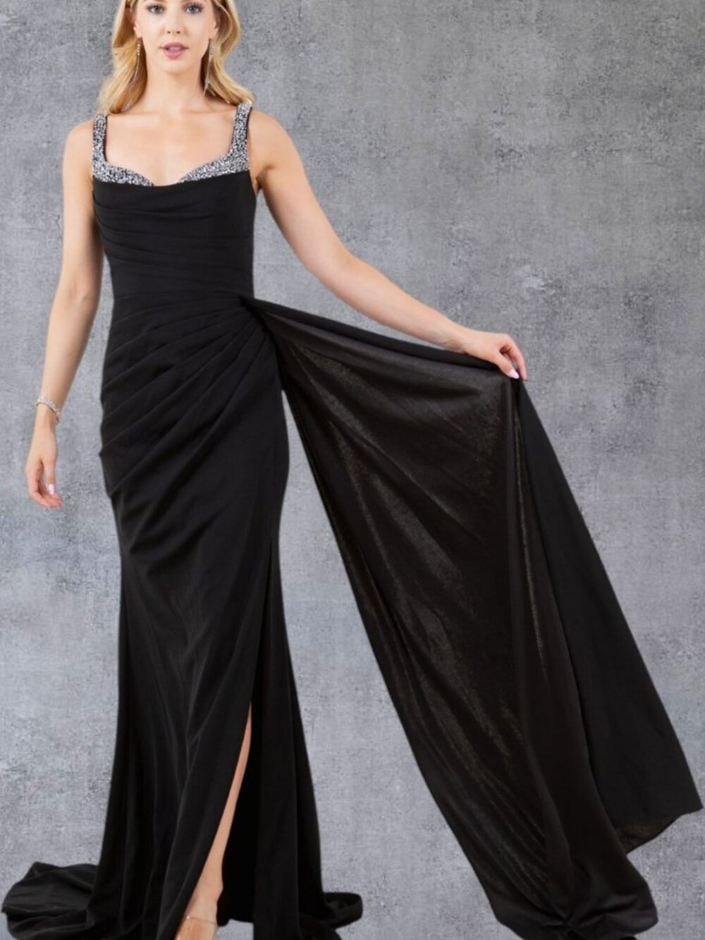 NEW BLACK Square Neck Evening Gown Floor Length With Slit 8283J